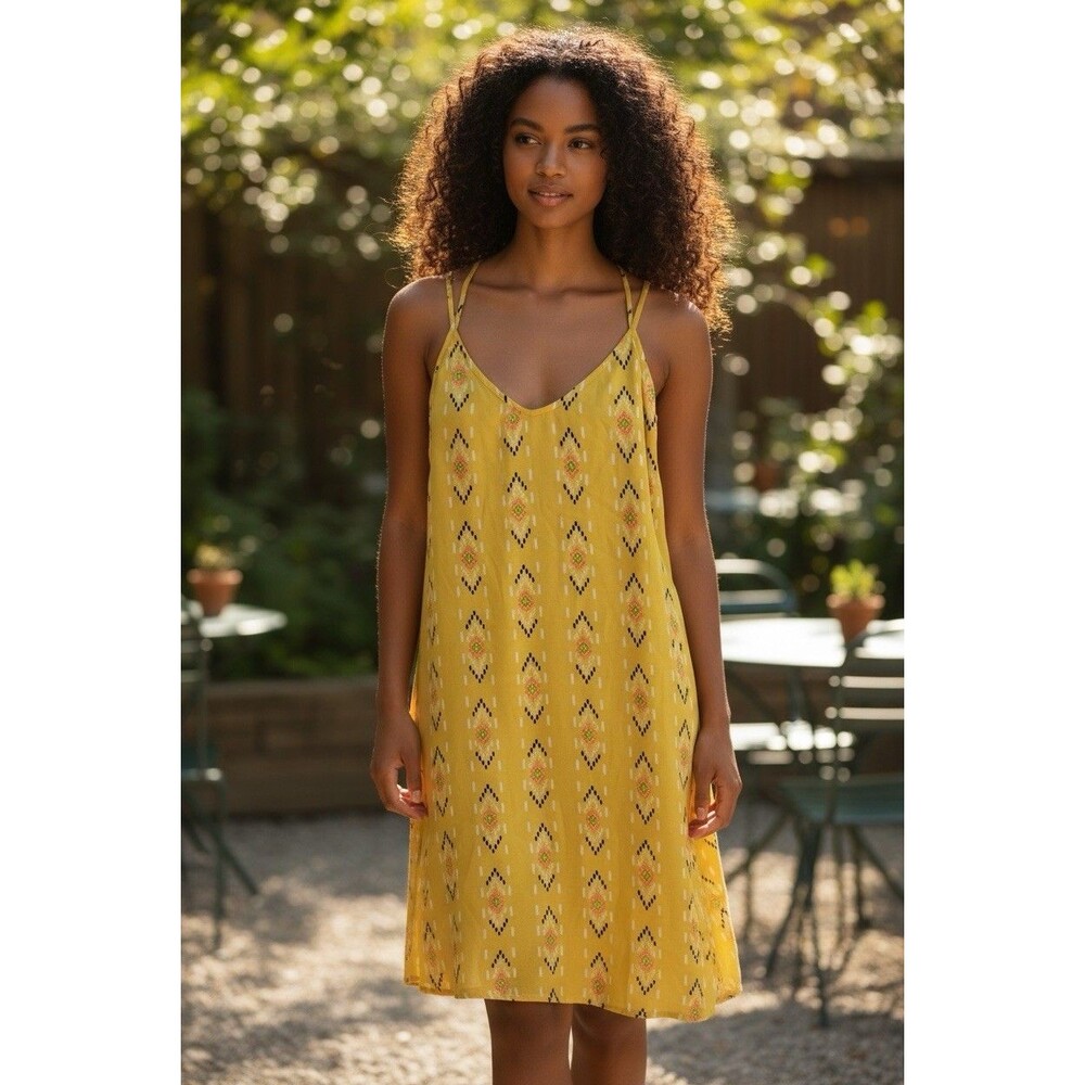 GB Gianni Bini Yellow Geometric Tribal Print Strappy V-Neck Sun Dress Size M